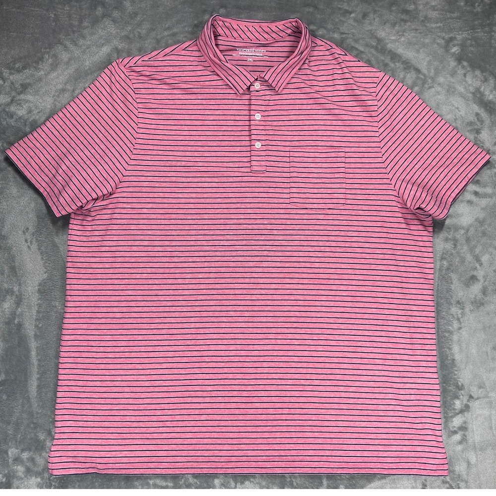 Vineyard Vines Mens Edgartown Polo Shirt 2XL Pink Navy Blue Striped Pima Cotton